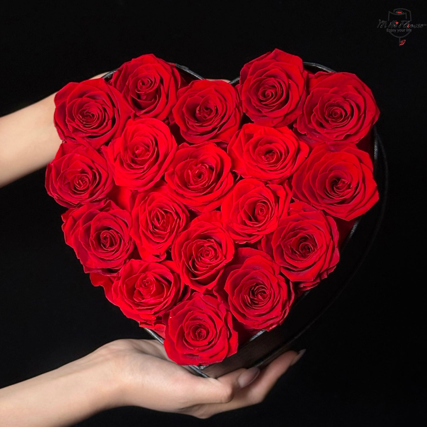 18pc red preserved rose in black heart box