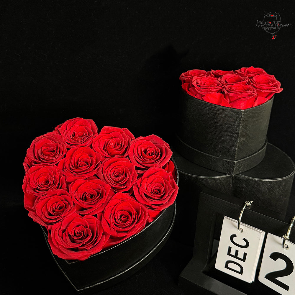 12pc red preserved rose in black heart box