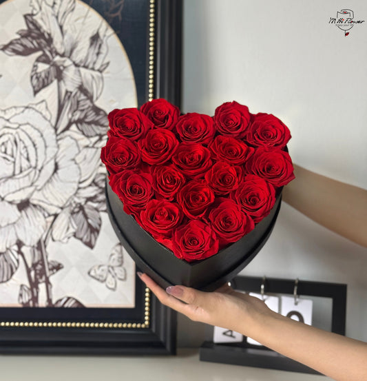 18pc red preserved rose in black heart box