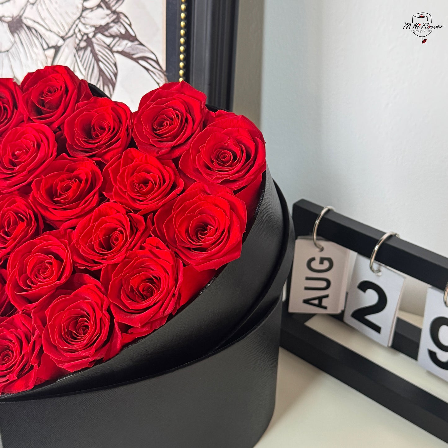 18pc red preserved rose in black heart box